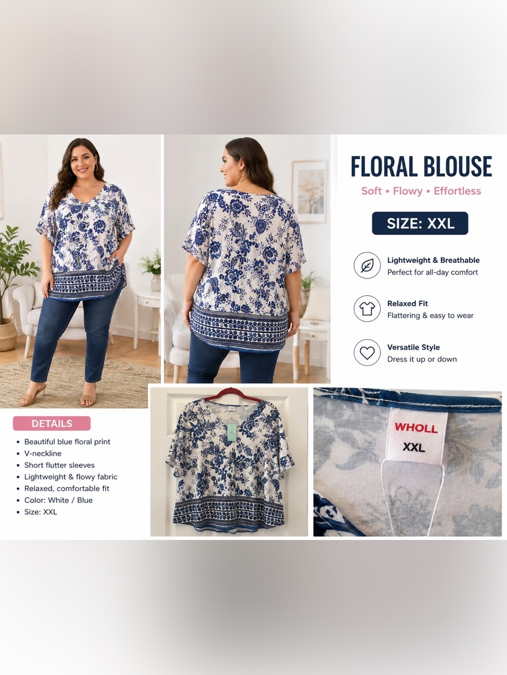 Blue & White Floral V-Neck Blouse